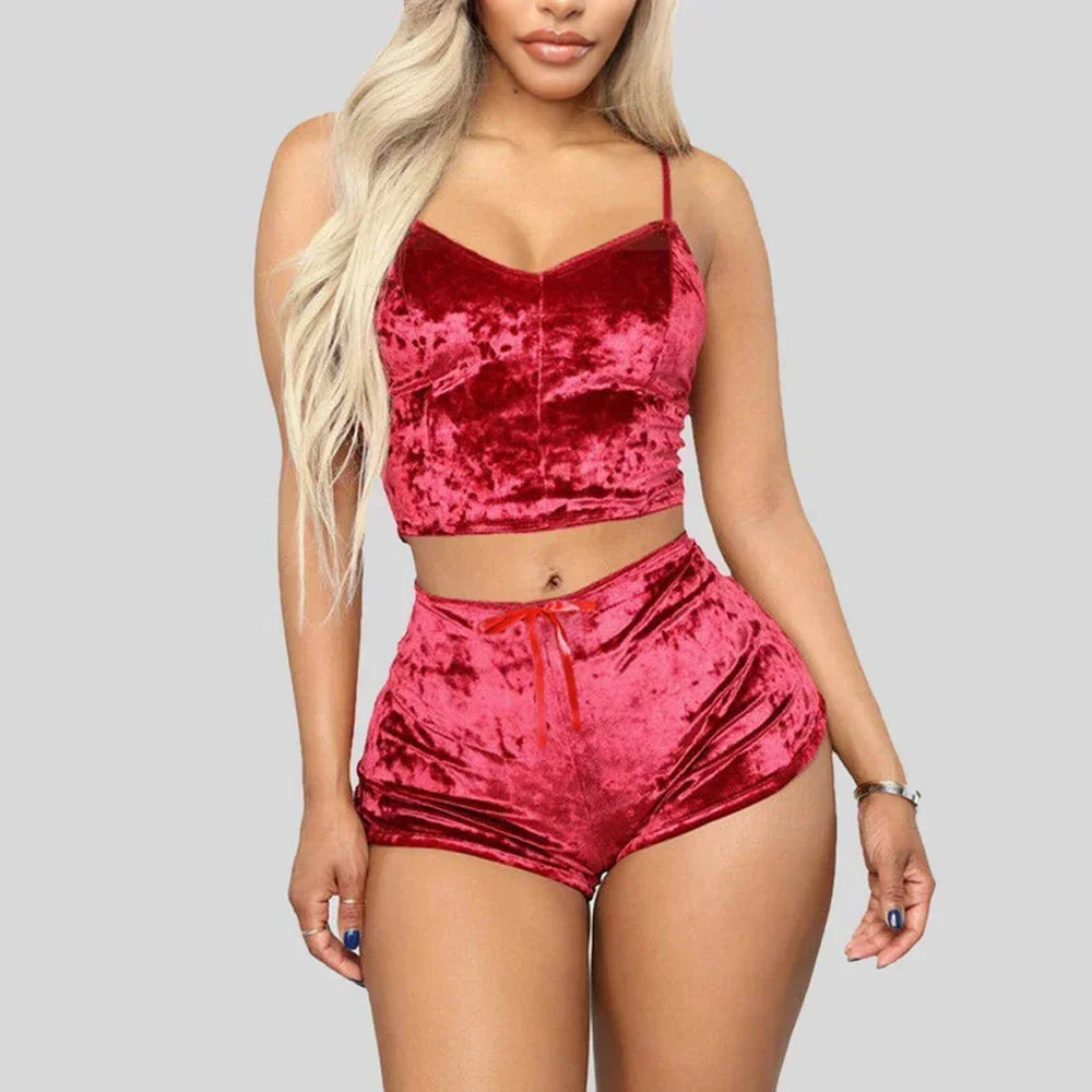 Women'S Velvet Sleeveless V-Neck Underwear Polyester Setcamisole+Shorts Pajamas Set Comfortable Home Clothes Top Pants