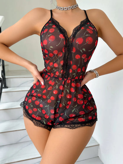 Floral Print Pajama Romper Sexy Lace Trim Teddy Women'S Pink Mesh Loungewear Deep V Backless Sleepwear Soft Nightwear