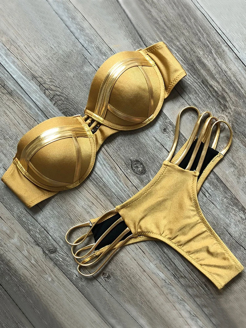 Black Bandage Swimsuit 2023 Sexy Brazilian Bikini Push up Swimwear Women Micro Bikinis plus Size Beachwear Shiny Gold Beachwear