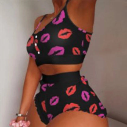 Swimsuit Women'S 2-Piece Set Fashion Strawberry Print Lace Lace Sling Two-Piece Set Home Clothes Sweet Pajamas