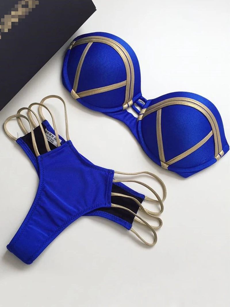 Black Bandage Swimsuit 2023 Sexy Brazilian Bikini Push up Swimwear Women Micro Bikinis plus Size Beachwear Shiny Gold Beachwear