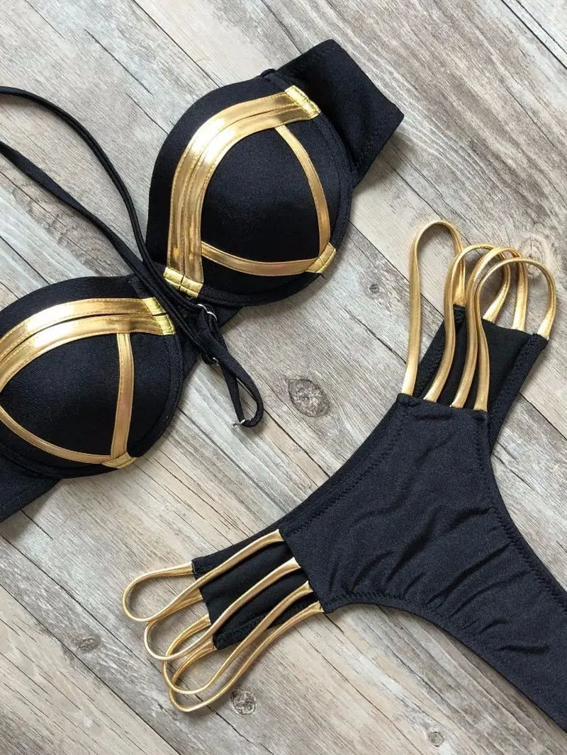 Black Bandage Swimsuit 2023 Sexy Brazilian Bikini Push up Swimwear Women Micro Bikinis plus Size Beachwear Shiny Gold Beachwear