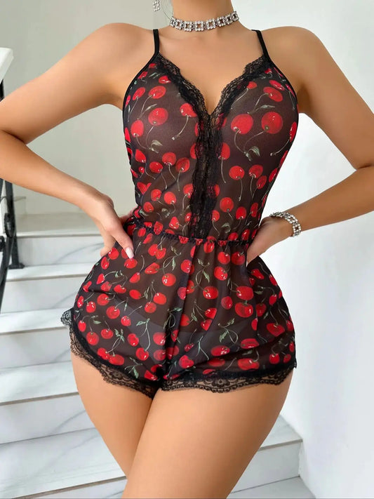 Floral Print Pajama Romper Sexy Lace Trim Teddy Women'S Pink Mesh Loungewear Deep V Backless Sleepwear Soft Nightwear