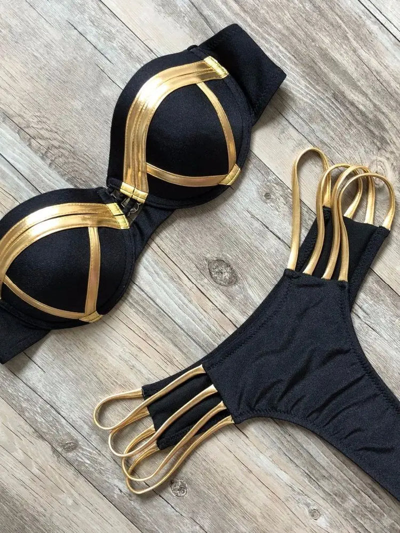 Black Bandage Swimsuit 2023 Sexy Brazilian Bikini Push up Swimwear Women Micro Bikinis plus Size Beachwear Shiny Gold Beachwear