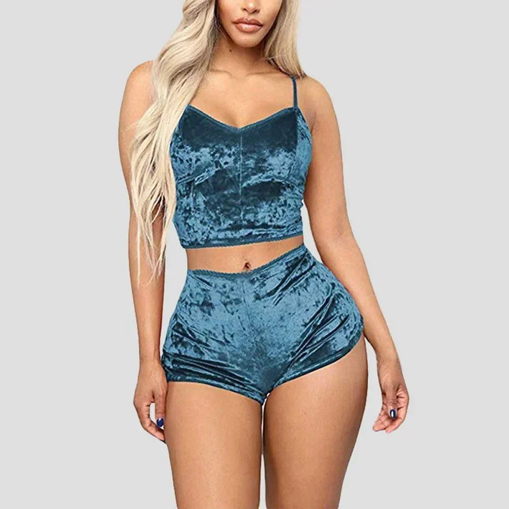 Women'S Velvet Sleeveless V-Neck Underwear Polyester Setcamisole+Shorts Pajamas Set Comfortable Home Clothes Top Pants