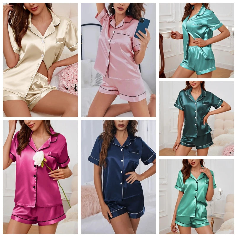 Womens Satin Pajamas Set Luxurious Short Sleeve Turn-Down Collar Button Top & Shorts Sleepwear & Loungewear for Summer Nightwear