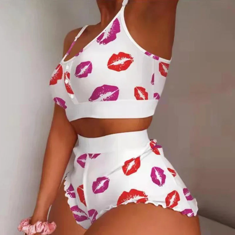 Swimsuit Women'S 2-Piece Set Fashion Strawberry Print Lace Lace Sling Two-Piece Set Home Clothes Sweet Pajamas