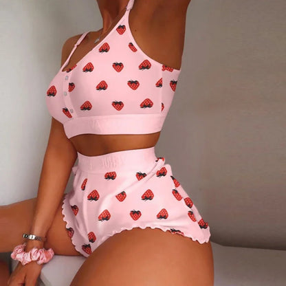 Swimsuit Women'S 2-Piece Set Fashion Strawberry Print Lace Lace Sling Two-Piece Set Home Clothes Sweet Pajamas